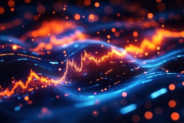 Abstract digital landscape with glowing orange and blue waveforms and data points symbolizing dynamic financial or technological activity
