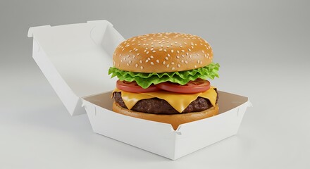 Burger in Takeout Box Delicious Food with Fresh Ingredients