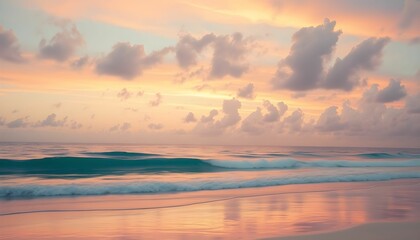 Serene Sunset Beach Scene Pink and Orange Sky over Turquoise Ocean Waves