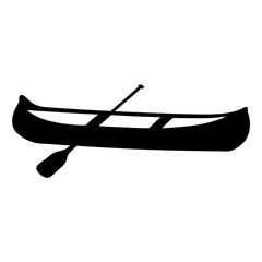 Simple black and white illustration of a canoe with a paddle
