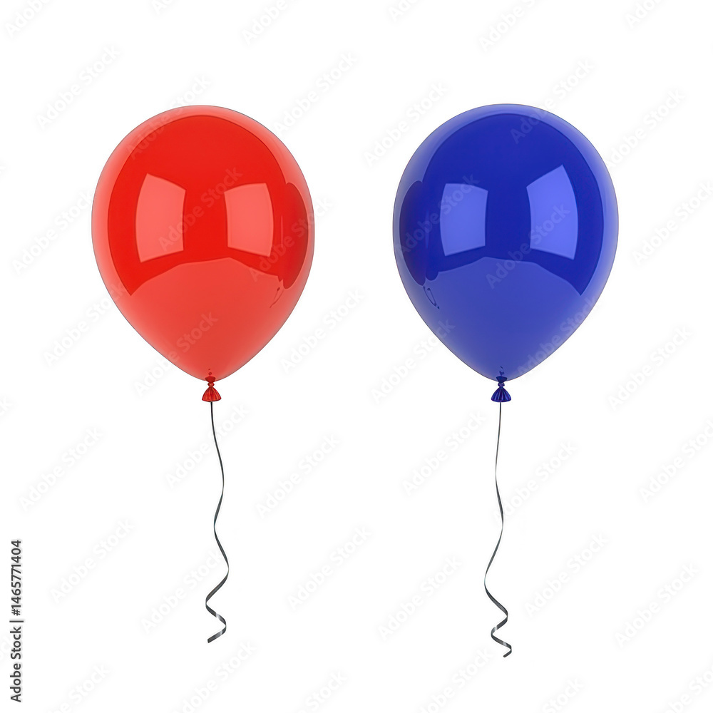 Poster two colorful balloons, one red and one blue, float side by side with black strings against plain bac