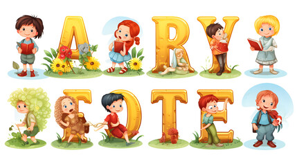 Educational illustrated alphabet letter series with children for learning materials