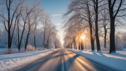 Peaceful Winter Road with Snow-Covered Trees and Golden Sunlight – Serene Landscape Photography