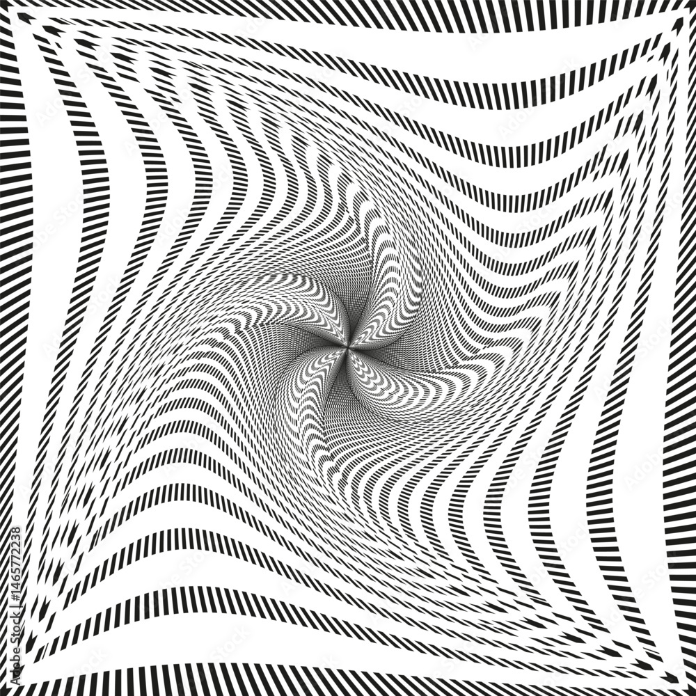 Poster optical illusion swirl. twisted stripe shape. distortion tunnel effect. vector hypnotic pattern.