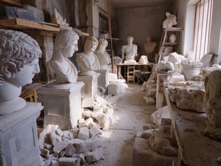 Studio filled with classical sculptures in various stages of completion, marble fragments scattered around.