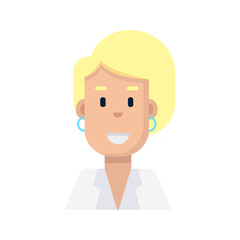 Flat illustration of cheerful female in lab coat, female icon great for clinic materials, female character supports hospital guides, presentations, and health education media.