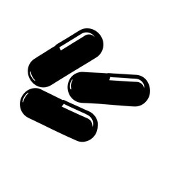 Three black capsule pills on a white background for medical concepts
