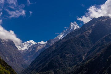 Annapurna Base Camp trek beautiful Himalaya mountains landscape view. Snow summits of Annapurna South, Machapuchare and Dhaulagiri seen from the Poon Hill and from the trekking path on the way Nepal