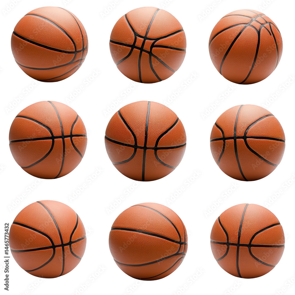 Poster nine basketballs are arranged in grid pattern, showcasing their textured surface and black lines. ba