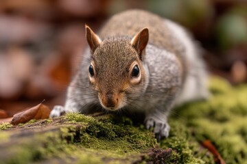 Fototapeta premium Squirrel Foraging for Acorns on a Moss-Covered Log in a Serene Forest Setting Generative AI