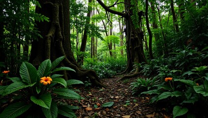 Lush tropical rainforest with trees and orange flowers