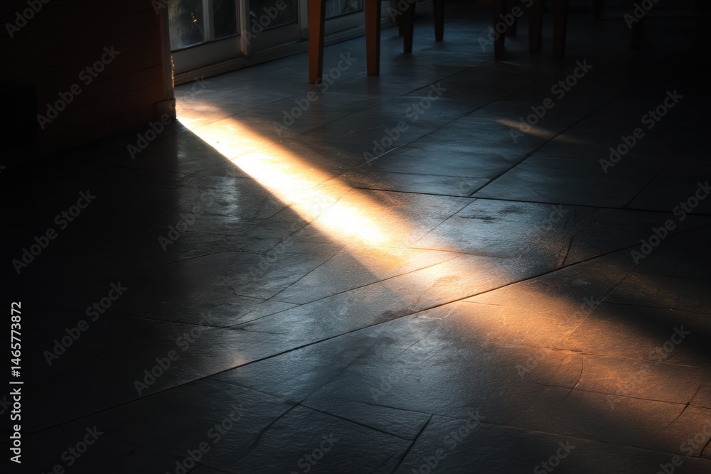 Poster Sunbeam Illuminating a Shaded Terrace Floor Creating a Warm, Inviting Atmosphere in the Early Evening Generative AI