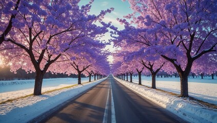 Serene Winter Landscape with Snow-Covered Road and Cherry Blossom Trees – Tranquil Scenic Photography