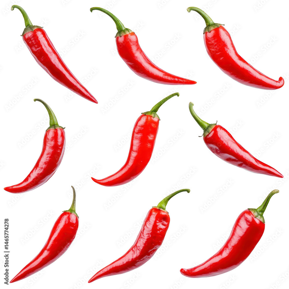 Poster red chili peppers arranged in pattern on transparency background, showcasing their vibrant color and