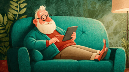 An elderly man enjoys his tablet while relaxing on a teal couch in a cozy home setting.