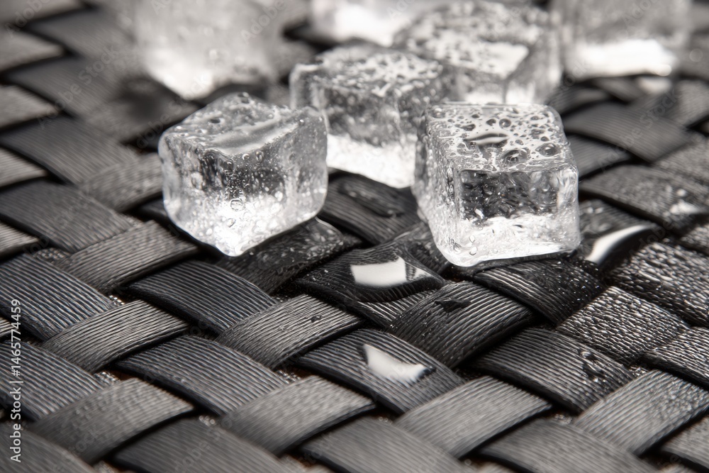 Aufkleber melting ice cubes create glistening droplets on a woven mat in a warm environment generative ai