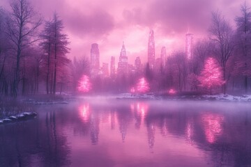 Fototapeta premium A winter wonderland cityscape reflected in a tranquil lake.