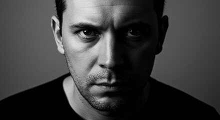Black and white portrait of a man with intense gaze for dramatic photography and male model concepts