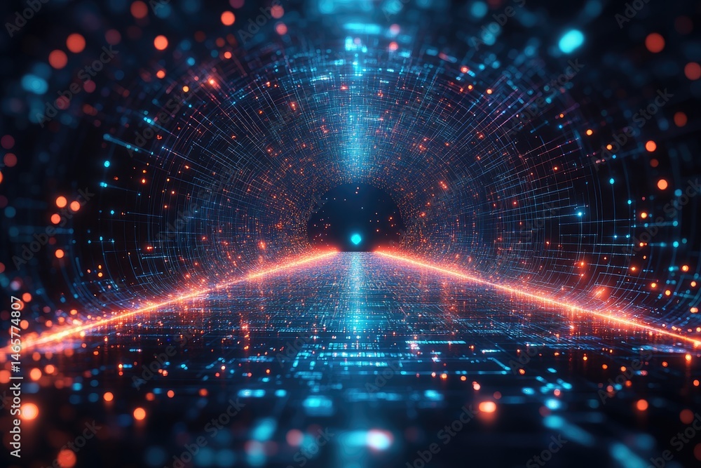 Poster futuristic tunnel design with glowing data streams.