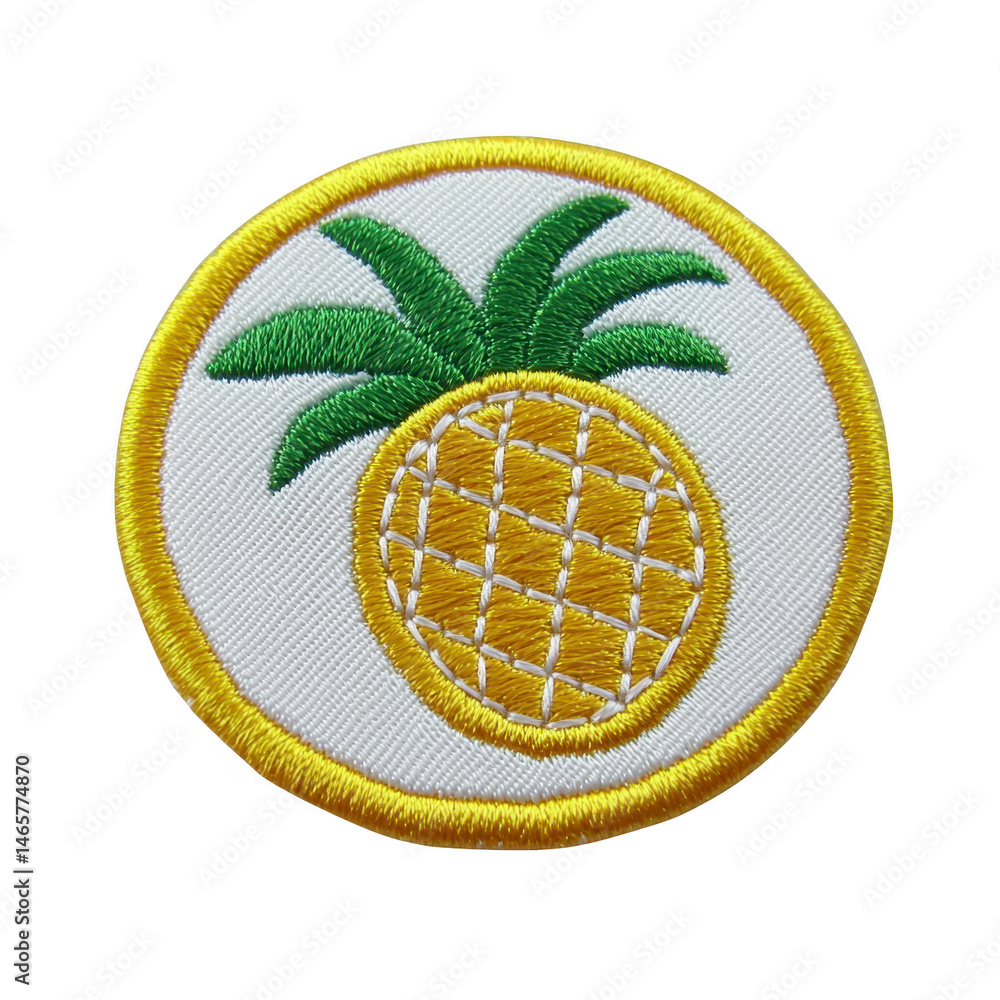 Poster this features round embroidered patch with pineapple design. patch has yellow border and transparenc