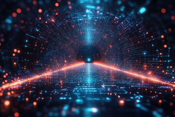 Fototapeta premium Futuristic tunnel design with glowing data streams.