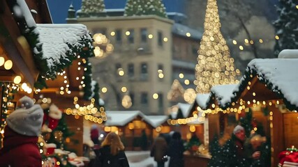 Festive winter market scene with snowcapped chalets and glittering lights - Powered by Adobe
