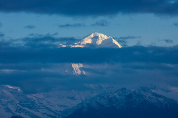 Annapurna Base Camp trek beautiful Himalaya mountains landscape view. Snow summits of Annapurna South, Machapuchare and Dhaulagiri seen from the Poon Hill and from the trekking path on the way Nepal