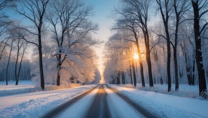 Snowy Winter Road with Sunlight Through Trees – Peaceful Frosty Landscape Photography