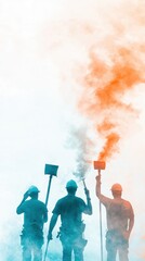 Silhouetted Construction Workers Holding Smoke Flares In Orange And