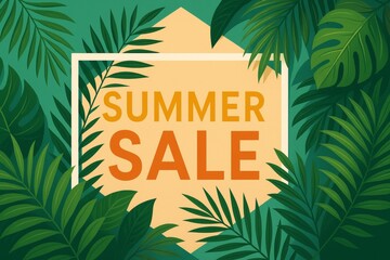 Obraz premium Lush green tropical leaves create a vibrant frame around a summer sale announcement, offering a refreshing and inviting backdrop for seasonal promotions