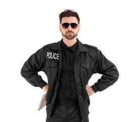 Male police officer with notebook isolated on white background