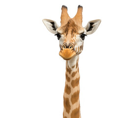 Fototapeta premium Giraffe with curious expression stands against plain background, showcasing its long neck and distinctive spotted pattern. image highlights giraffe unique features and gentle demeanor