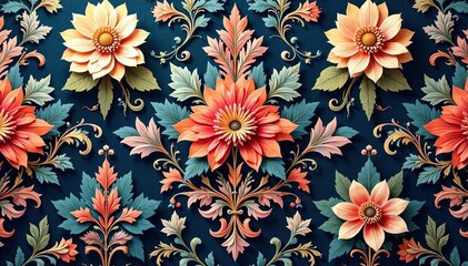 Intricate floral damask pattern, swirling vines and leaves , luxurious, swirls, repetitive