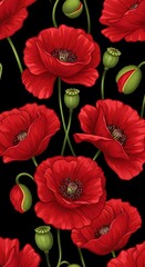 Crimson Poppies: Dark Elegance, Floral Illustration