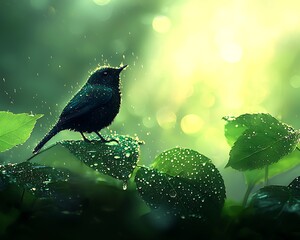 Rain-soaked bird perched on leaves