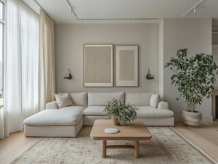 Modern Minimalist Living Room Interior Design with Beige Sectional Sofa and Natural Light