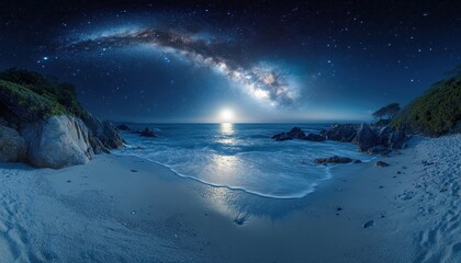 Naklejka premium Night Sky over Tropical Beach: Milky Way Galaxy, Starry Sky, Ocean Waves, and Sandy Shore