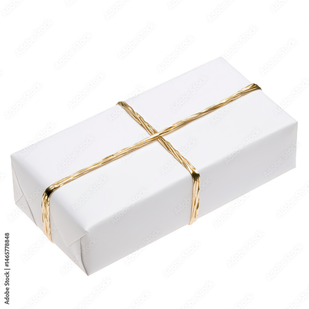 Poster rectangular white gift box is elegantly wrapped with shiny gold ribbon, creating simple yet sophisti