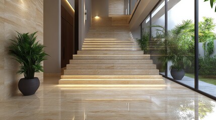 Modern, elegant interior staircase with warm lighting and natural elements. 
