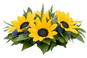 Obraz premium Bright yellow sunflowers with dark centers are surrounded by lush green leaves and small blue flowers, creating vibrant and cheerful floral arrangement