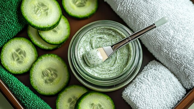 Relaxing spa scene with fresh cucumber slices, calming green facial mask in glass bowl, soft white towels, and peaceful wellness environment for skincare