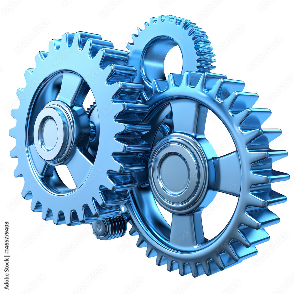 Poster three interlocking metallic gears in shiny blue finish symbolize teamwork and mechanical precision. 