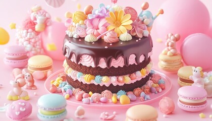 Pastel Pink Chocolate Cake with Macarons and Candies