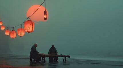Two individuals playing traditional instruments under glowing lanterns at sunset