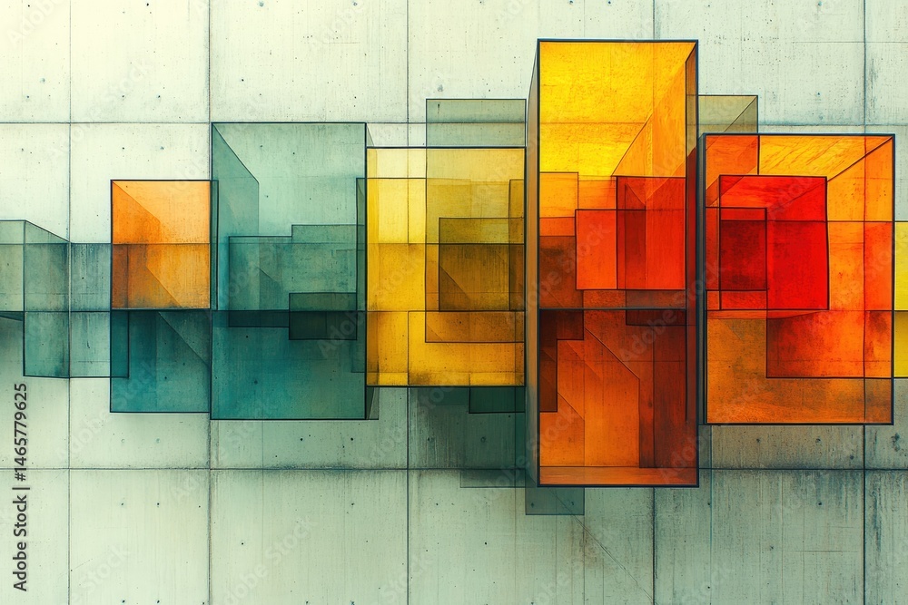 Poster abstract composition of overlapping geometric shapes.