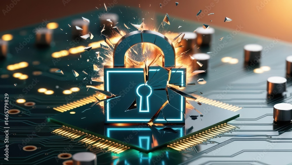 Poster digital security concept with padlock and circuit board representing cybersecurity and data protecti