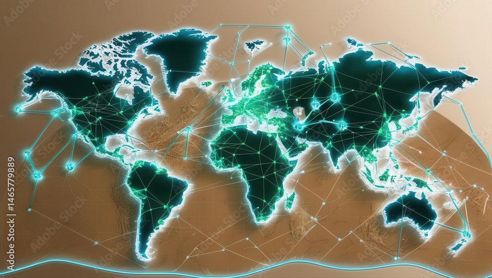 Poster digital world map with connected networks illustrating global connectivity, futuristic technology, a