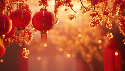 Red Lanterns Hanging from Blossom Branches at Sunrise