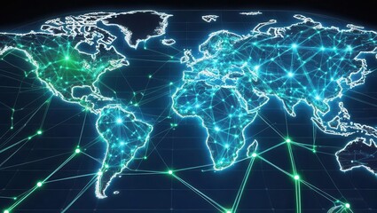Global digital network map illustrating interconnected computer technology and data exchange across continents with bright glowing line connections in a futuristic style