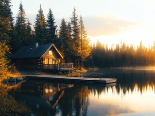 Fototapeta premium Rustic Wooden Cabin by a Calm Lake at Sunset
